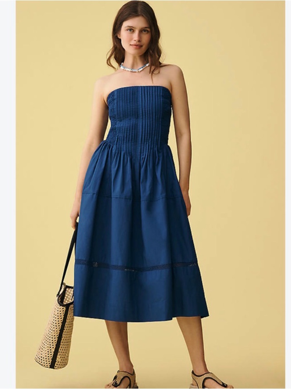 Anthropologie Cotton Poplin Pleaded Blue Smocked Bodice A-Line Dress Small